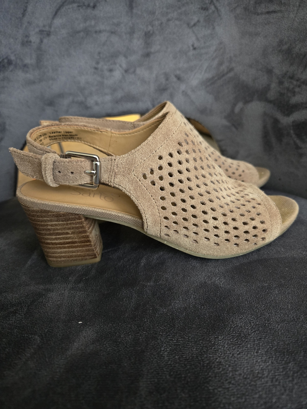 Franco Sarto Beige Perforated Suede Slingback Block Heels